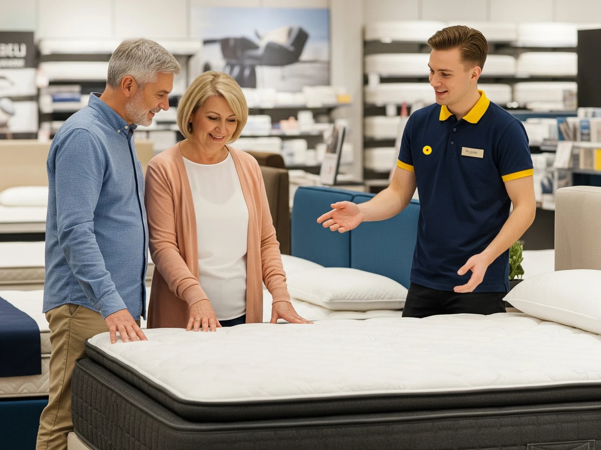 Customer service representative assisting a couple in selecting a mattress in a store.